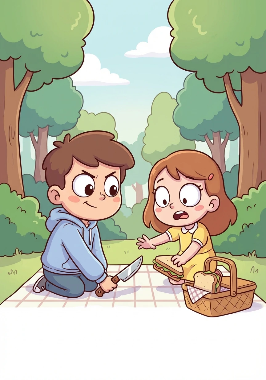 As Sarah reached for a sandwich, Ethan grabbed the knife. His eyes, once filled with love, now reflected cold determination. The forest grew silent, save for the rustling leaves.