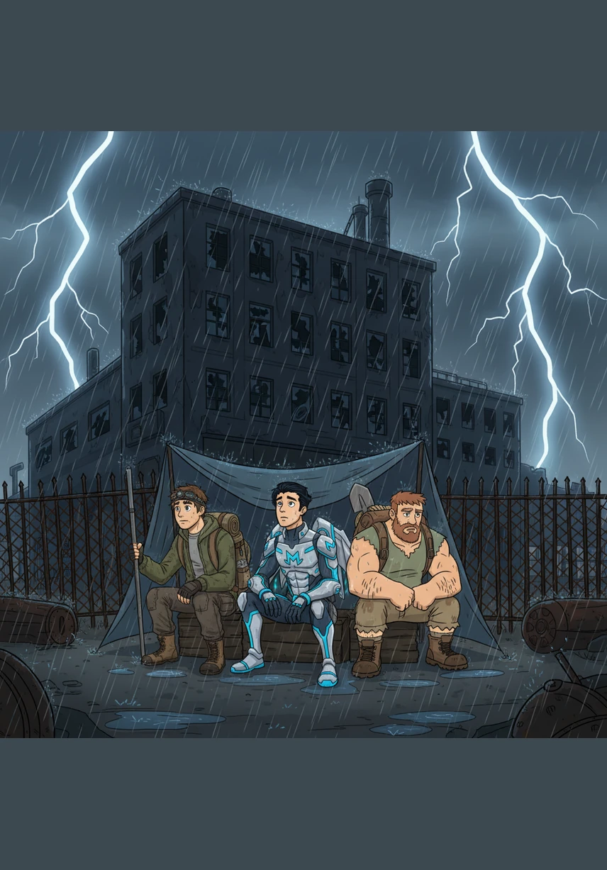 A massive, abandoned factory stands desolate under a heavy downpour, illuminated only by sharp flashes of lightning. The decaying structure looms over the landscape, its broken windows looking like hollow eyes as thunder rolls across the sky.