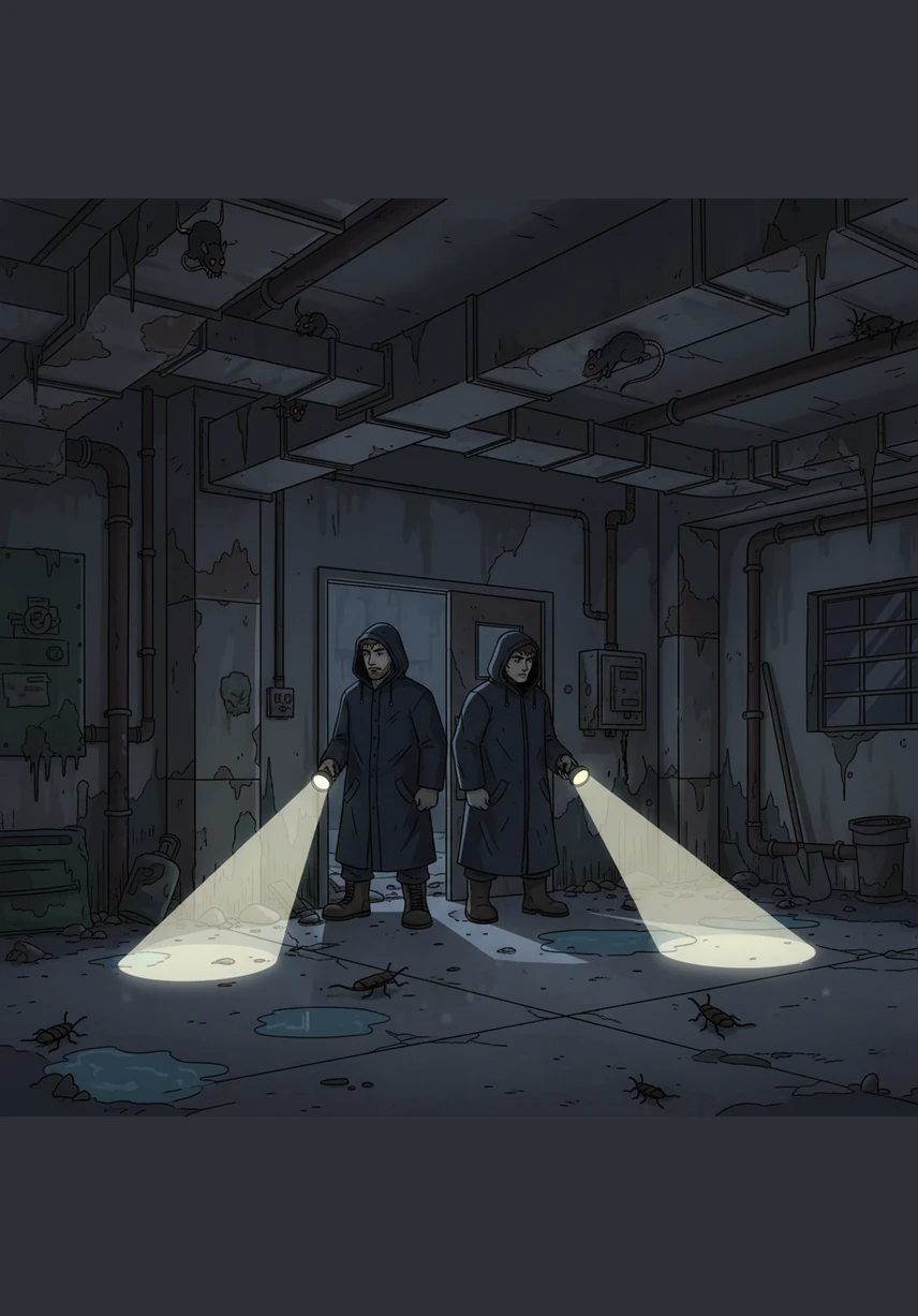 Inside the dark, damp facility, rats and roaches scurry through rusted vents and across the grime-covered floors. Patrick and Mach enter the building wearing heavy raincoats, their flashlights cutting through the thick shadows and dust motes.