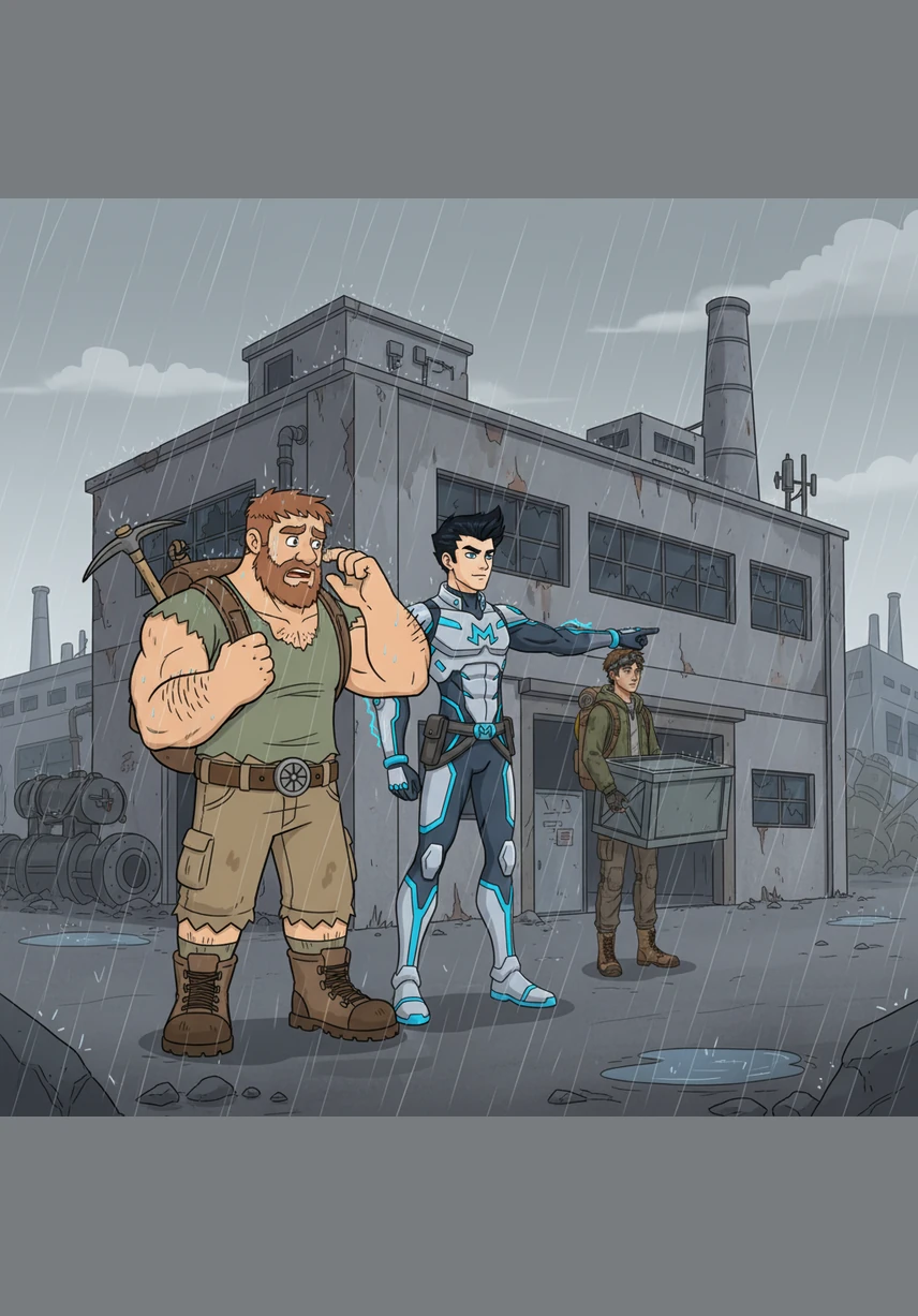Patrick wipes rain from his face and asks why they have to scavenge in such terrible weather. Mach explains that the factory is scheduled for demolition next week, and they must grab every authentic piece of history before it is lost forever.