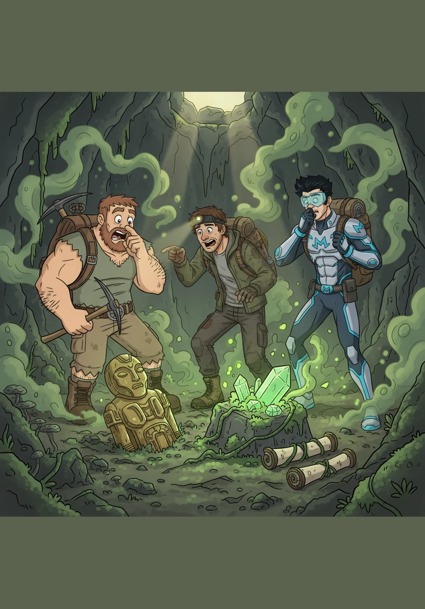 They finally reach the third find, and the air grows thick with a terrible, sickly sweet smell that makes them gag. Despite the stench, the three men are filled with a mix of excitement and shock, realizing they have found the genuine articles they were searching for.