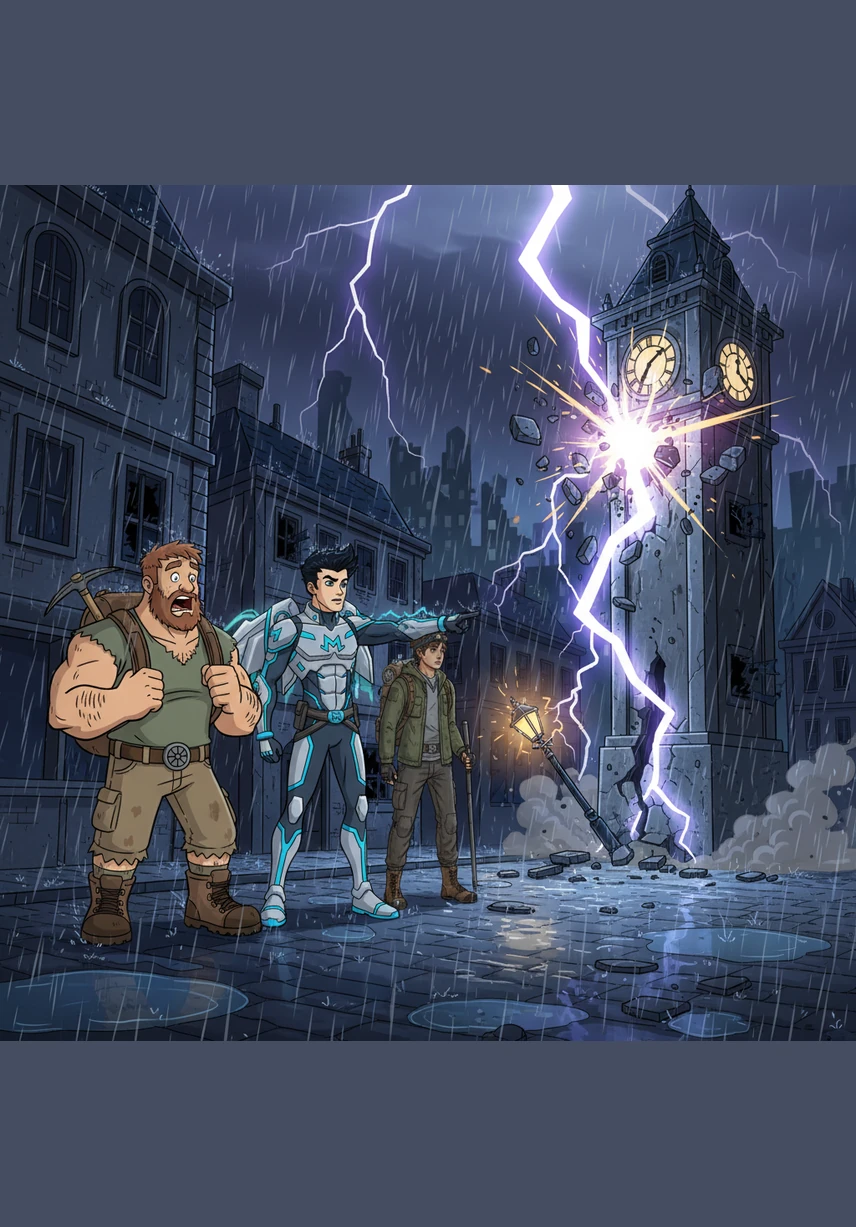 The wind catches the corner of the bag, revealing a golden bear animatronic with a top hat and a single ear. Suddenly, one eye flickers to life with a menacing purple glow in the dark, and a low, guttural growl echoes through the rain as the machine awakens.