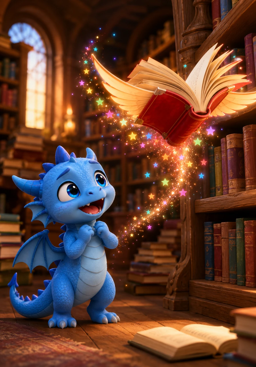 Soudain, une lueur dorée s'échappe de la bibliothèque et un petit livre rouge commence à battre des pages comme un oiseau. Le livre s'envole joyeusement dans la pièce, laissant une traînée d'étoiles multicolores derrière lui.