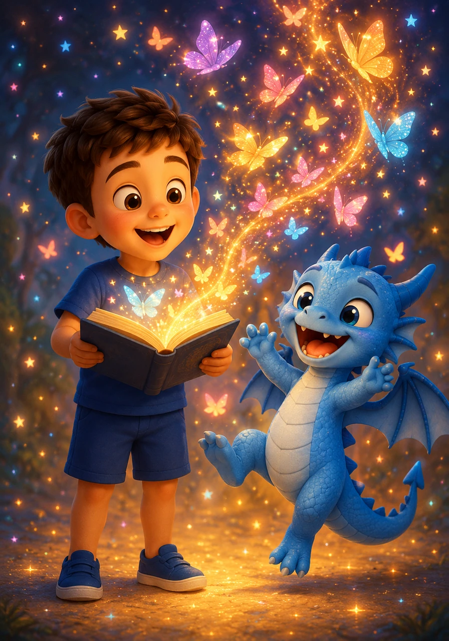 À mesure que Léo lit les phrases à haute voix, les mots s'animent et se transforment en magnifiques papillons magiques. Le dragon retrouve son sourire et se met à danser de joie sous une pluie d'étoiles colorées.