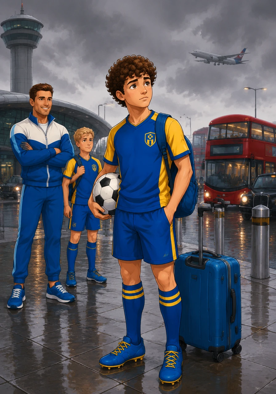 Leo is a tall boy with dark curly hair. He stands at the airport in London with his football under his arm, looking at the red buses and the gray sky. He feels a bit nervous because he misses his home in Russia, but he is ready for a new adventure.