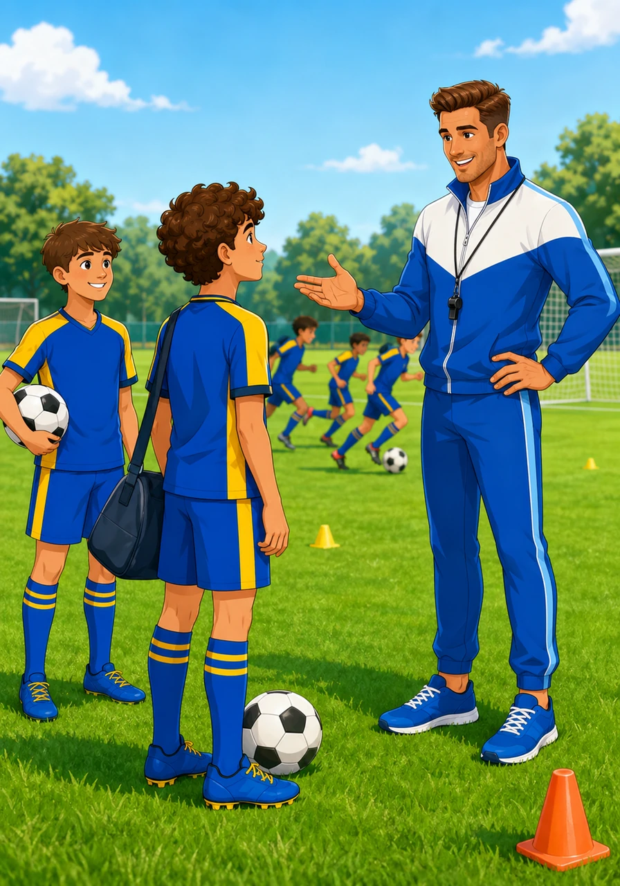Leo goes to his first football practice at a local club. The grass is very green, and the other boys are fast and strong. Leo meets his new coach, who smiles and says something in English that Leo doesn't understand yet.