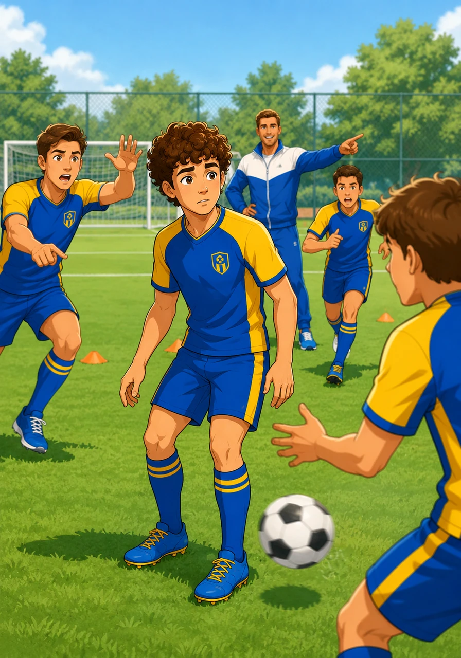 During the training, Leo's teammates shout many instructions like 'Pass the ball!' or 'Man on!' Leo feels lost because he only knows Russian words for football. If he understands the words, he will play better, so he watches their movements very carefully.