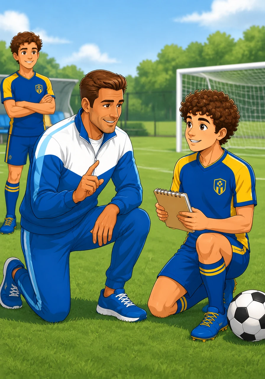 After practice, the coach speaks to Leo alone. Leo uses a small notebook to find the right words to say he is happy to be there. The coach tells him, 'If you practiced English every day, you would feel more confident on the pitch.'