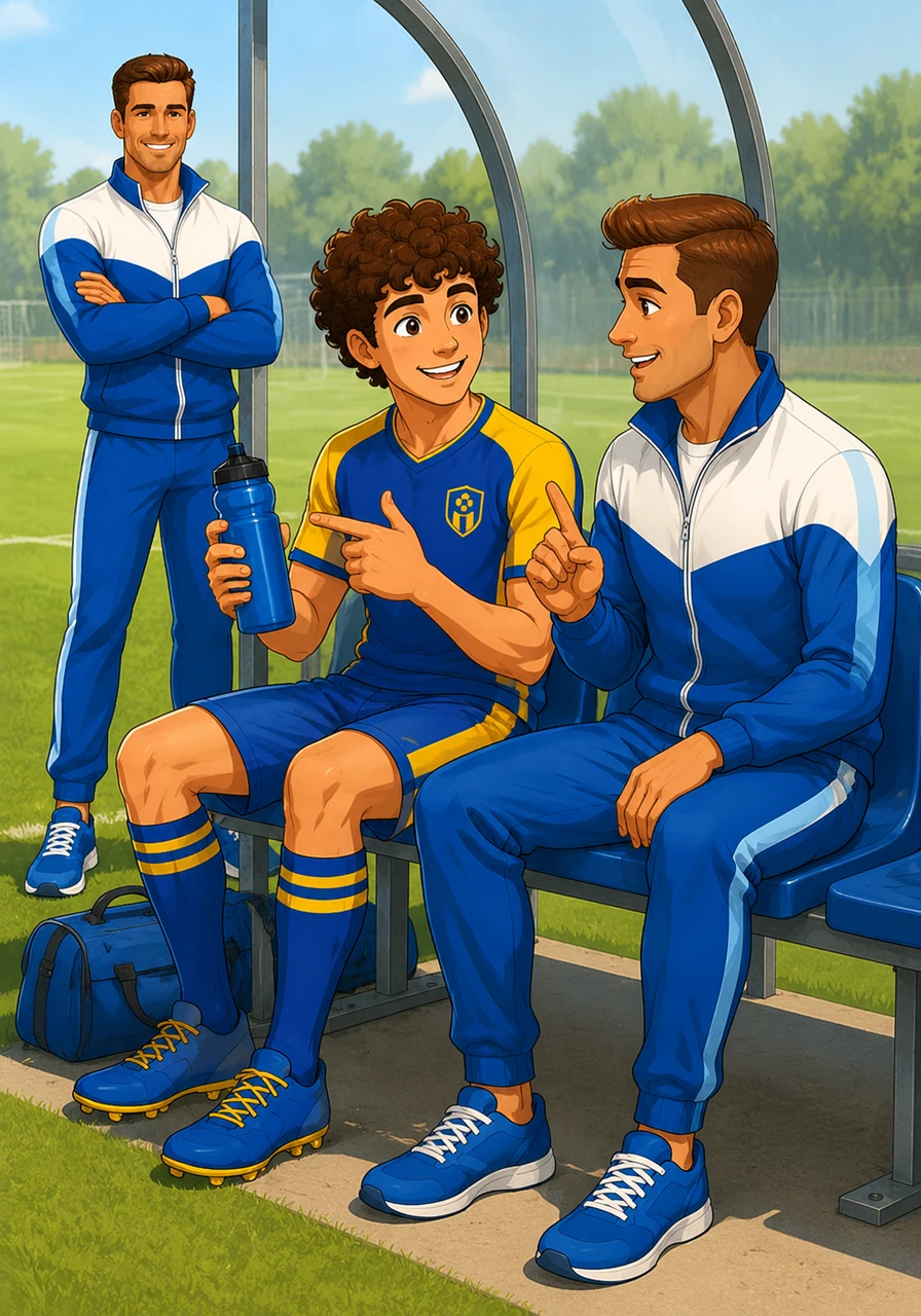 One afternoon, a teammate named Sam sits next to Leo on the bench. Sam points to his water bottle and says the word slowly. Leo repeats it and then teaches Sam the Russian word for water, 'Voda,' and they both laugh together.