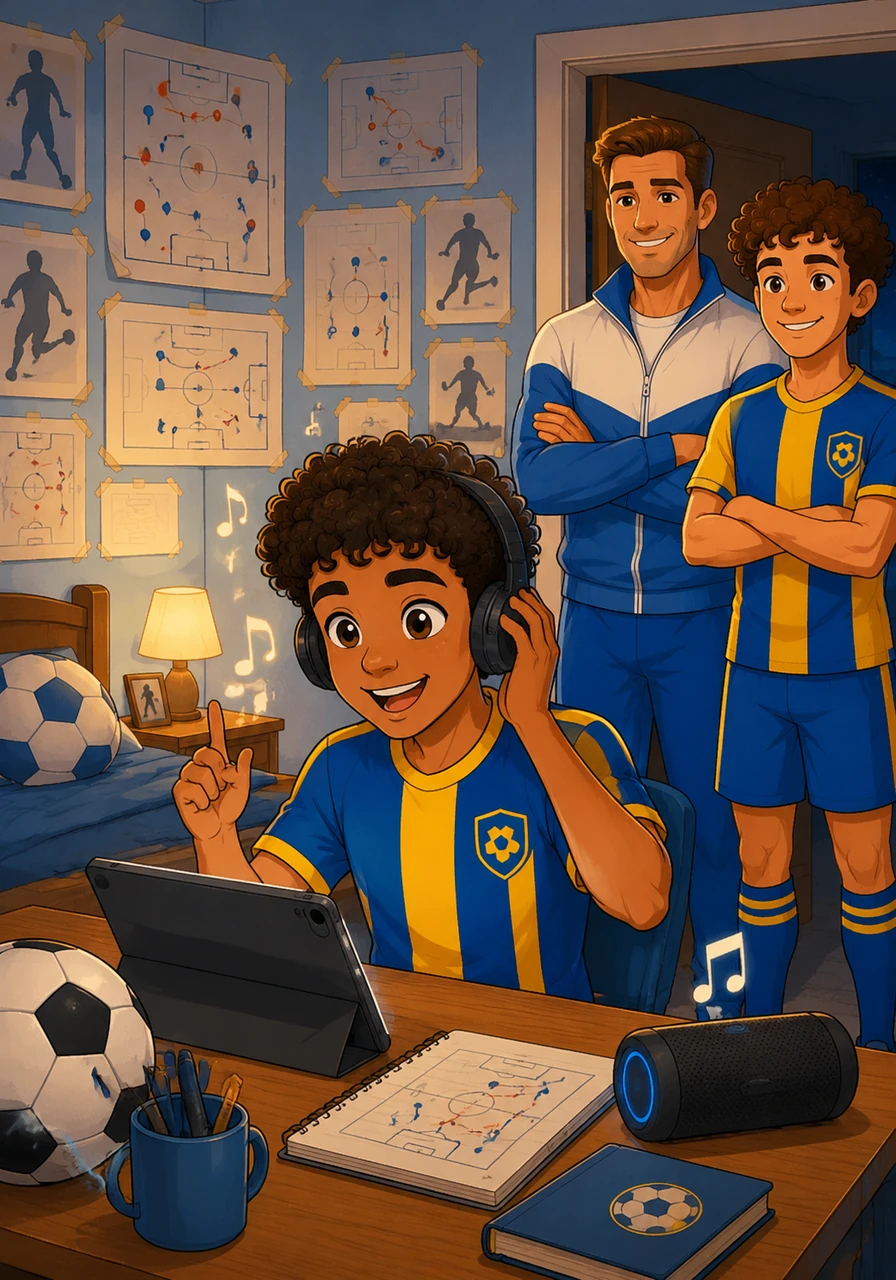 At home, Leo covers his bedroom walls with English words and football tactics. He spends his evenings listening to English songs and repeating the lyrics. He knows that if he works hard, he will soon speak as well as he plays.