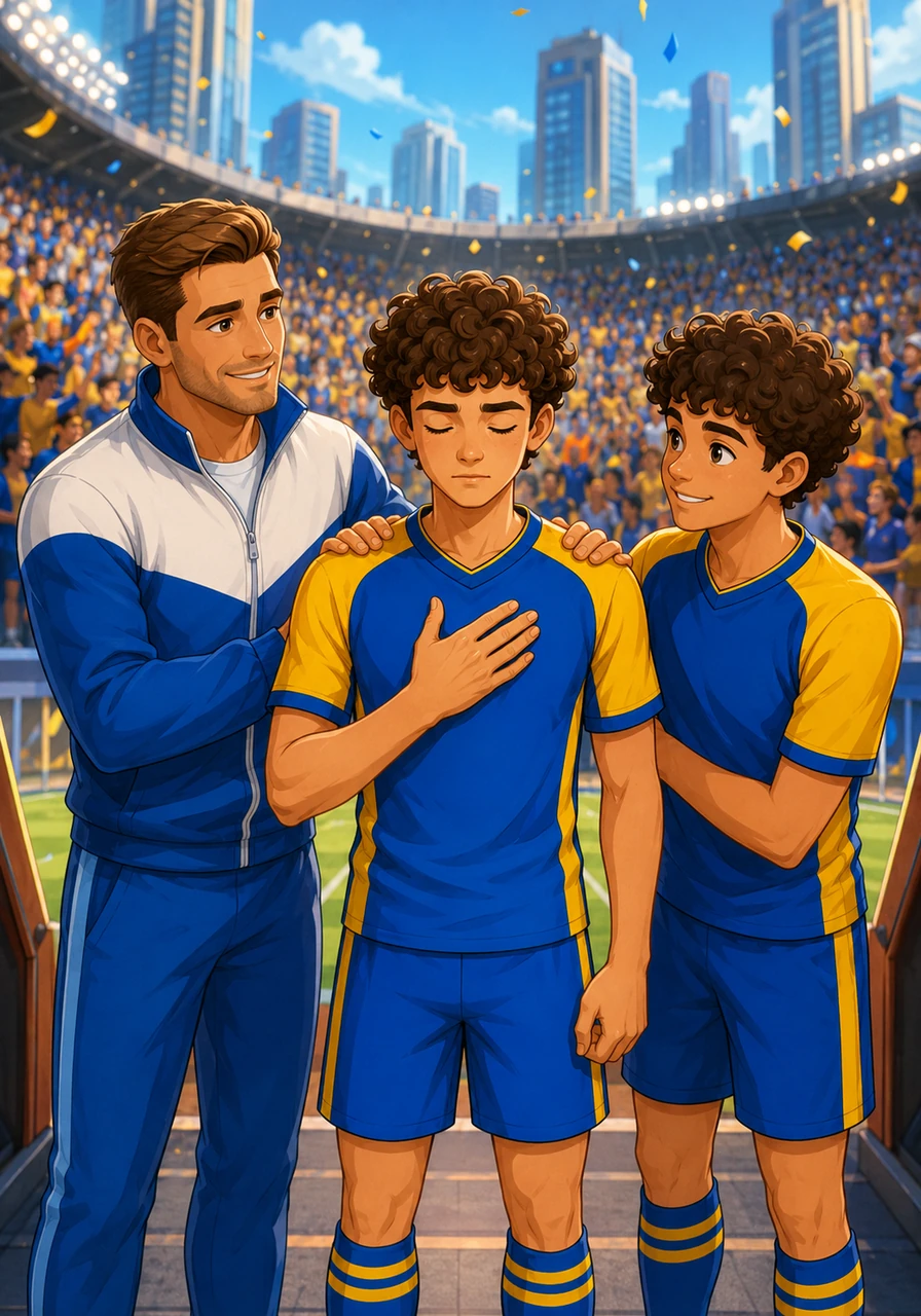 It is the day of a big tournament, and the stadium is full of cheering people. Leo is nervous, but he remembers his coach's advice and takes a deep breath. He realizes that if he didn't have his team, he would be very lonely in this big city.