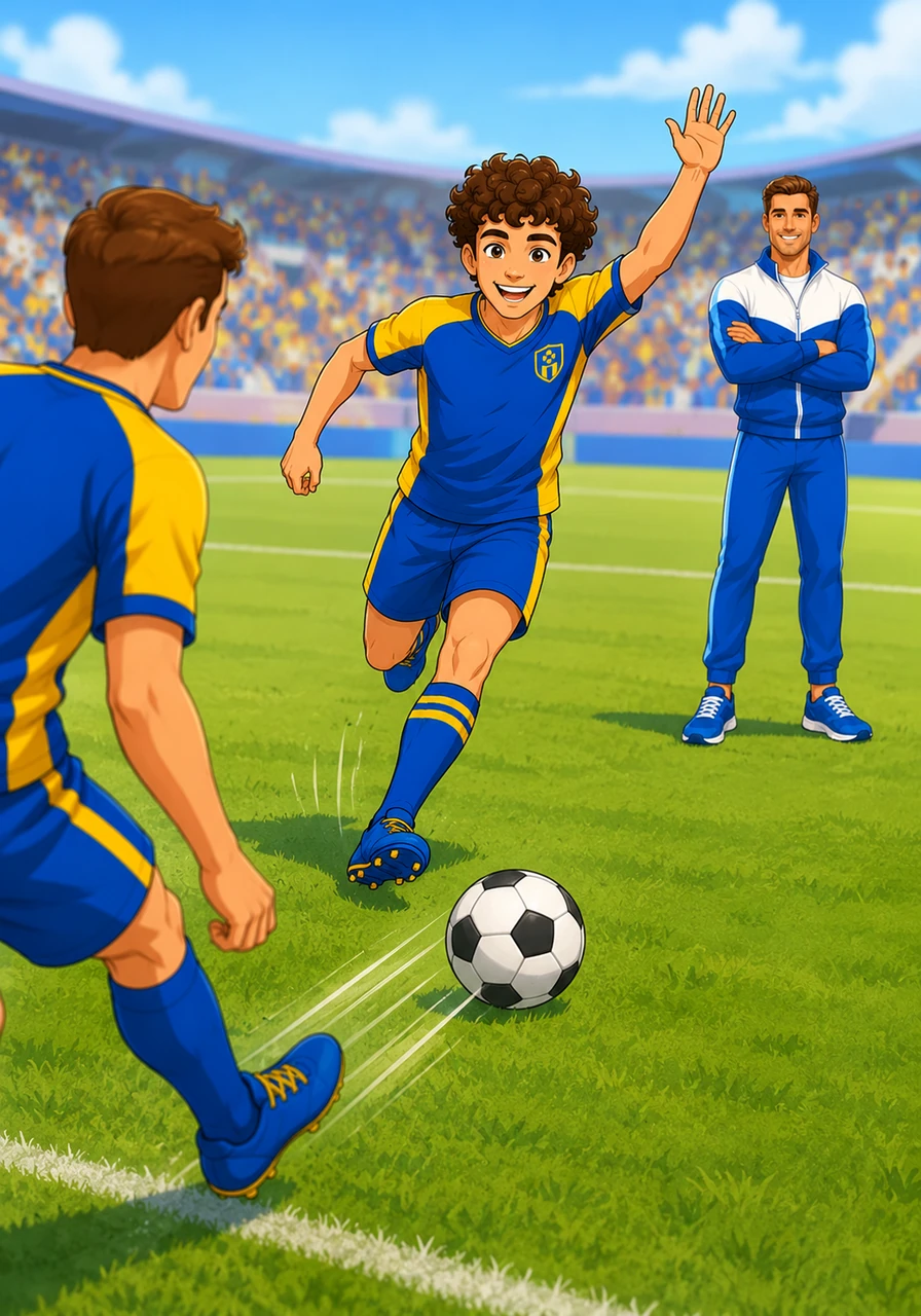 Leo is playing in the middle of the field when he sees an opening. He shouts 'Pass to me!' loudly in English, and Sam kicks the ball perfectly to his feet. Leo runs fast, his curly hair bouncing, and he feels the energy of the game.