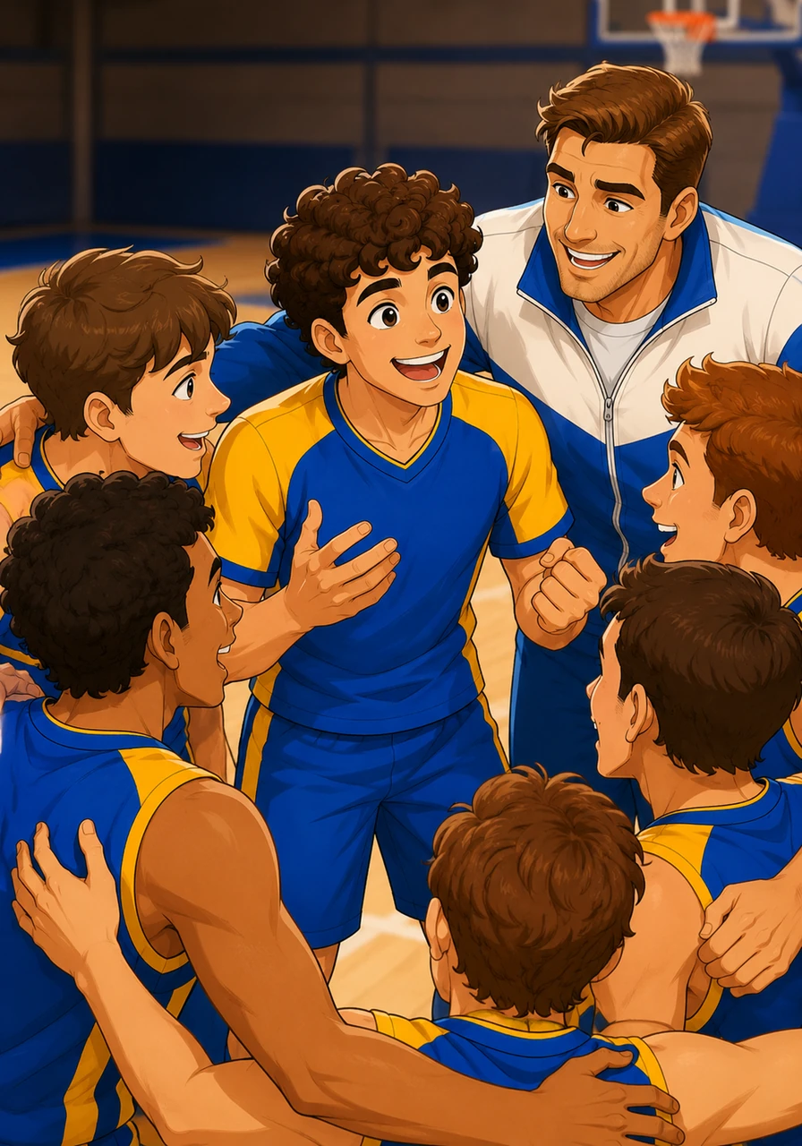 After the match, the whole team gathers in a circle to celebrate their victory. Leo talks to his friends about the game using full sentences in English. If they win the next match, they will go to the finals, and everyone is very excited.