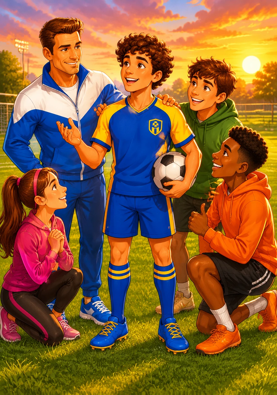 Leo stands on the green field under the golden sunset, feeling proud and happy. He has new friends, a great team, and he can finally speak the language of his new home. He knows that if he continues to try his best, anything is possible.