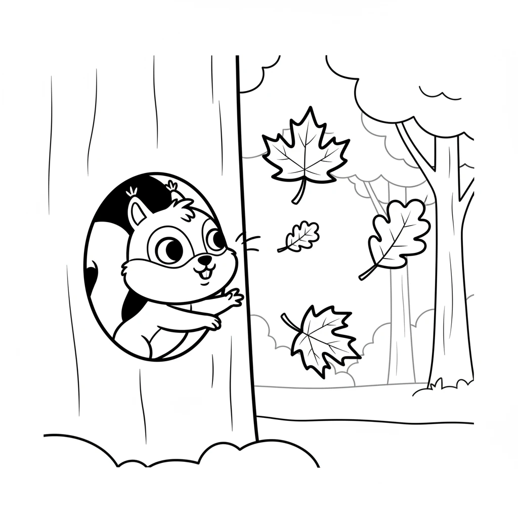 Pip the squirrel woke up in his cozy tree hole. Outside, the world was painted in bright fall colors. Red, orange, and yellow leaves danced in the gentle breeze. Pip wiggled his nose, excited for the day.