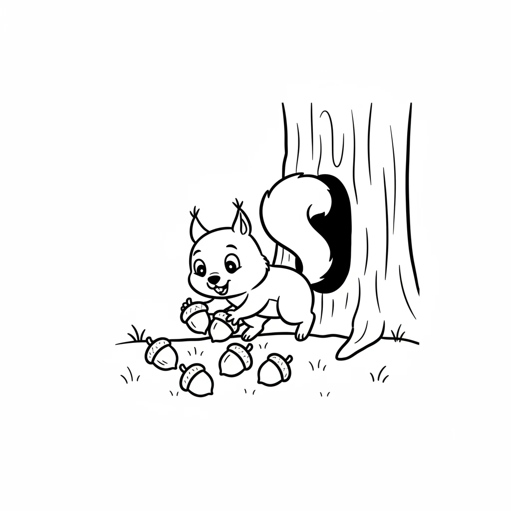 Pip scampered out of his tree with a cheerful squeak. He saw many shiny brown acorns scattered on the ground. "Time to collect!" he chirped happily. His little paws busily gathered the tasty treasures.