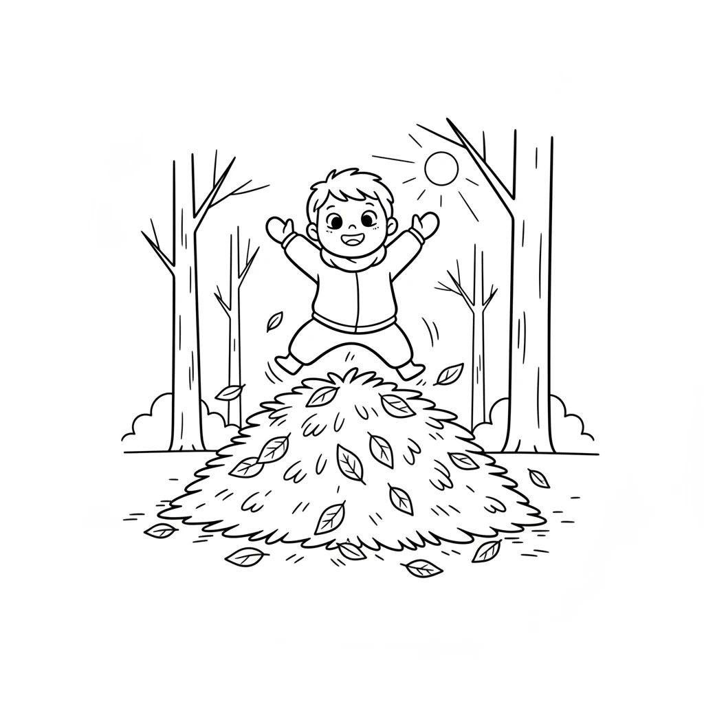 Deep in the forest, Pip found a giant mound of fallen leaves. It was like a soft, colorful mountain. The leaves crackled invitingly beneath the autumn sun. Pip's eyes sparkled with mischief and fun.