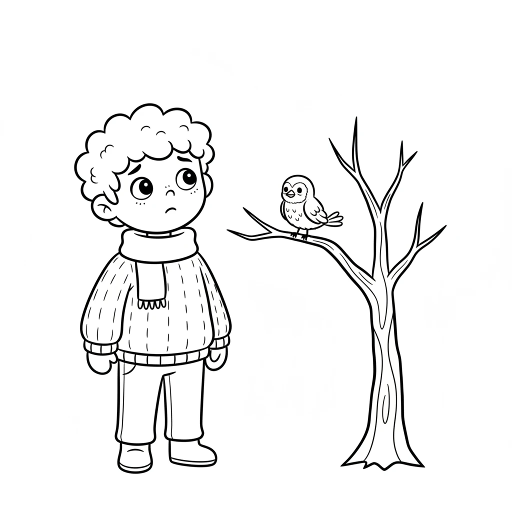 Suddenly, Pip saw a tiny bird shivering on a bare branch nearby. The bird looked cold and a little sad, its feathers ruffled against the chilly air. Pip stopped playing and tilted his head, feeling concern for the little creature.