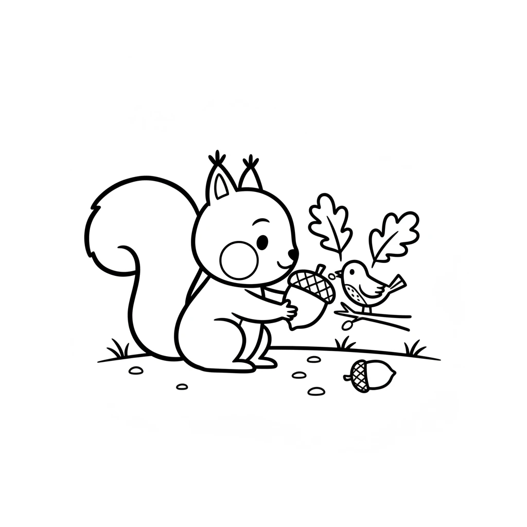 Pip remembered his full cheeks and the delicious nuts he had collected. He carefully offered the little bird a plump, tasty acorn. "Here, friend," he squeaked softly. The bird chirped a tiny thank you, pecking gratefully at the treat.