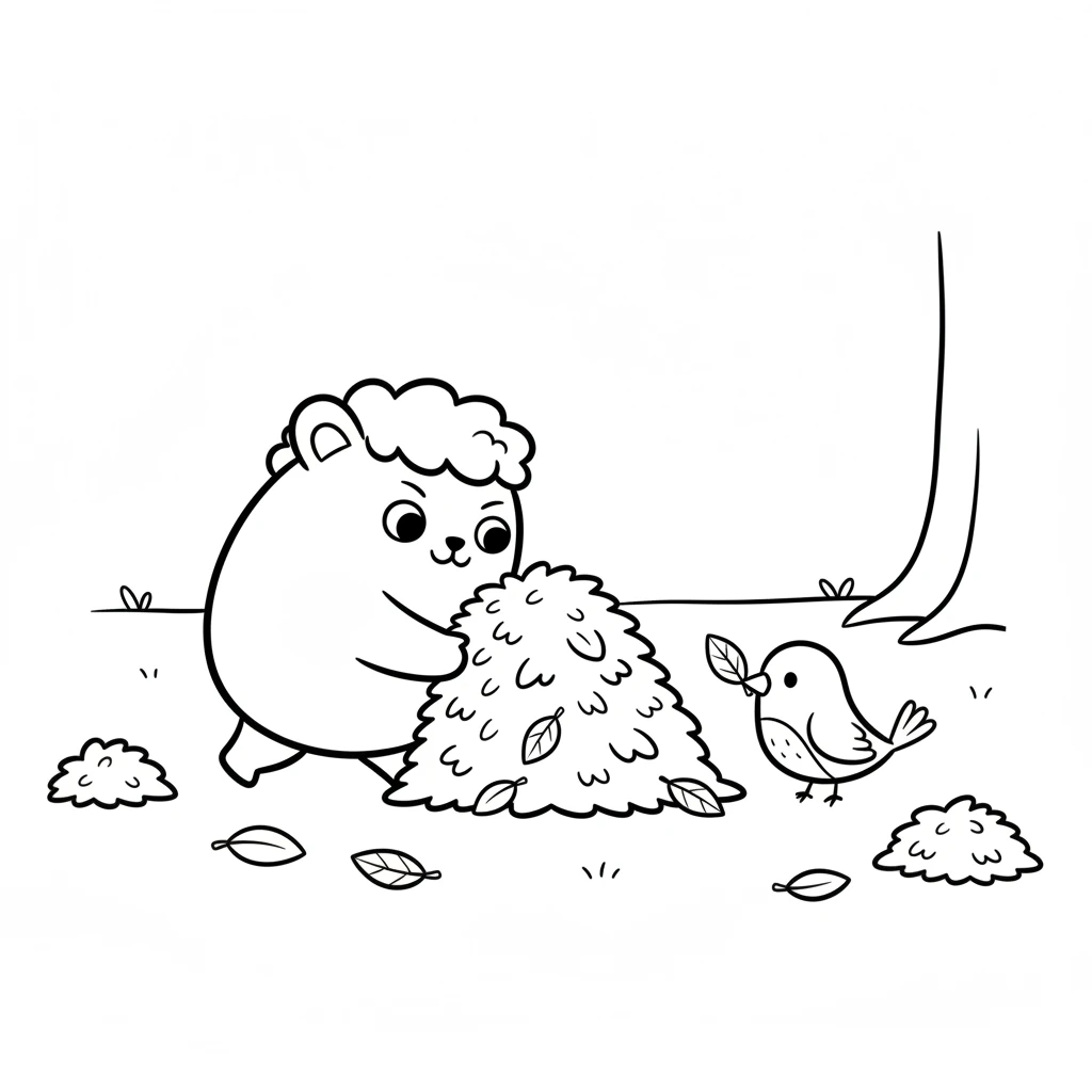 Together, Pip and the bird started gathering more leaves. Pip used his strong paws to push big piles. The bird used its beak to pick up the smaller, softer ones. They worked as a team, building something special.
