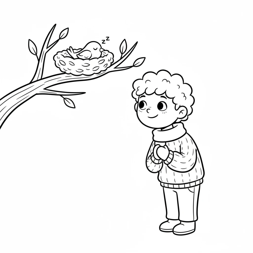 Pip watched the little bird snooze peacefully in its new leafy bed. A warm feeling spread through his chest, brighter than any fall leaf. Sharing and helping made his heart feel full. Fall was truly special with a friend.