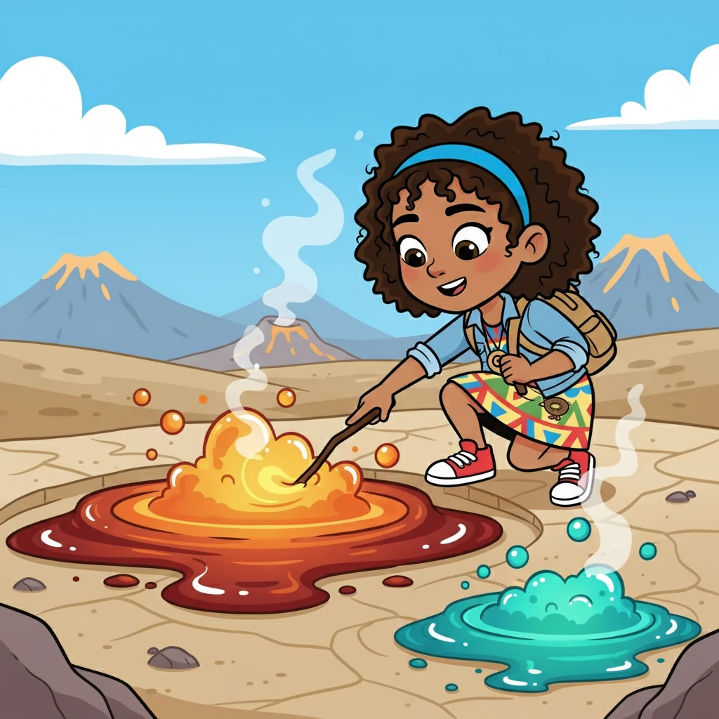 Luego, exploraron las piscinas de barro burbujeante, con colores vibrantes y texturas extrañas. Sofía le contó a Elena sobre la actividad volcánica que daba forma a este paisaje único.