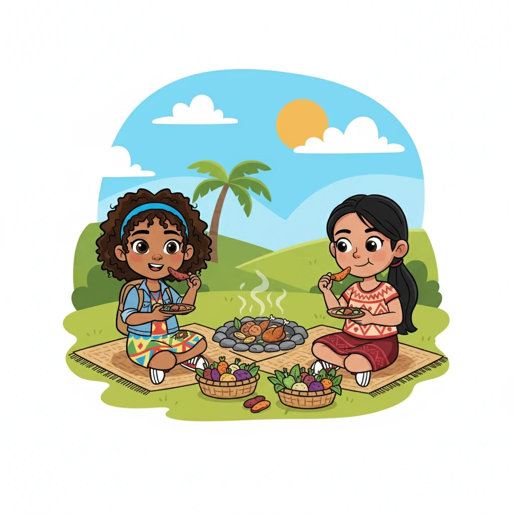 Sofía y Elena compartieron un delicioso hangi, una comida tradicional maorí cocinada en un horno subterráneo. Saborearon cada bocado, disfrutando de los sabores auténticos.