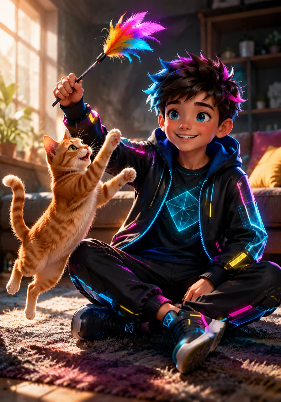 Ten-year-old Dylan sits on the living room rug, gently dangling a colorful feather wand for a playful orange tabby cat. Sunlight streams through the large window, illuminating his bright smile and the cozy, warm living room around him.