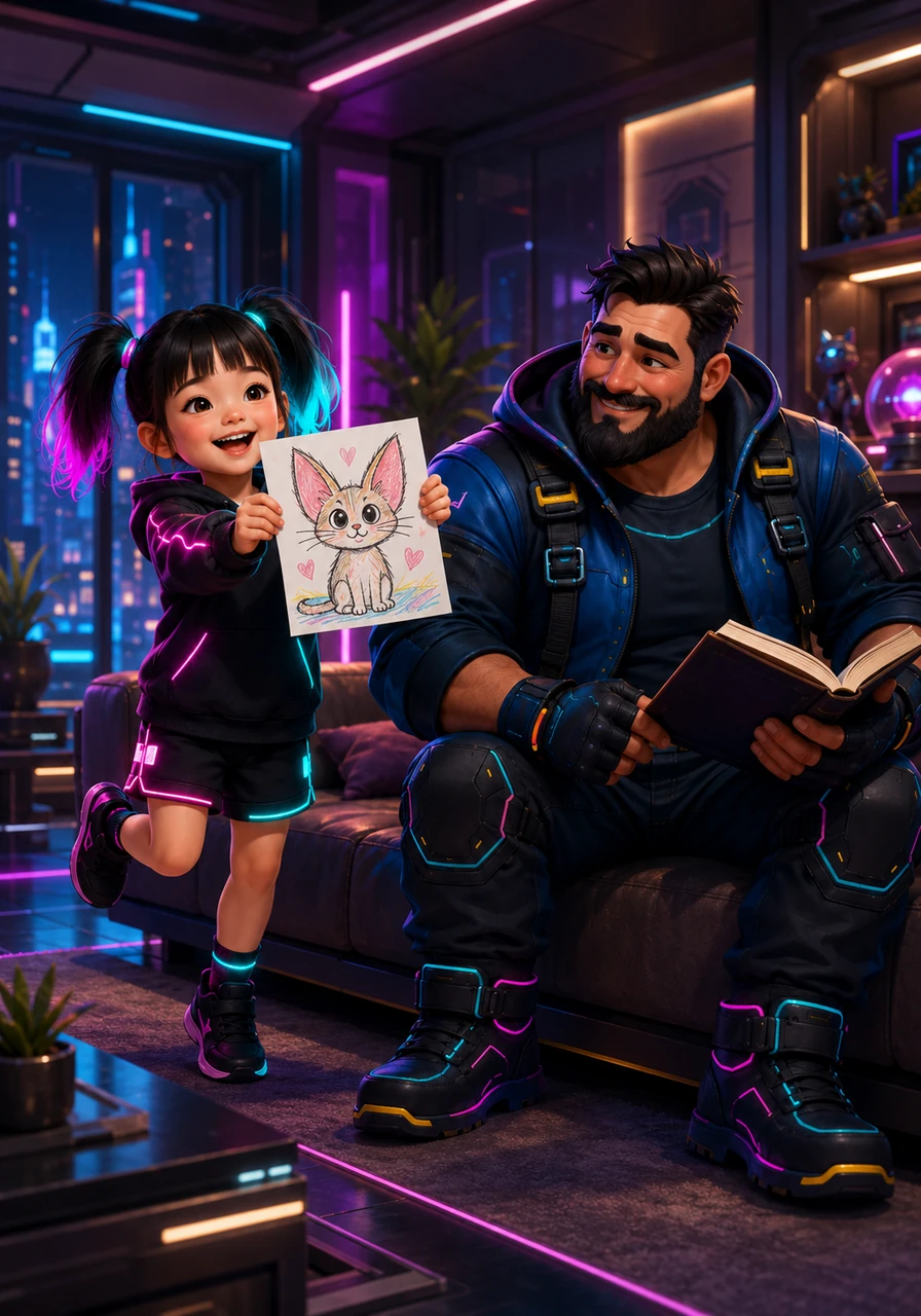 Dylan's younger sister bursts into the room with giggles, holding a drawing of a cat with oversized ears. Their dad looks up from his book on the sofa, smiling warmly at the joyful energy filling their happy home.