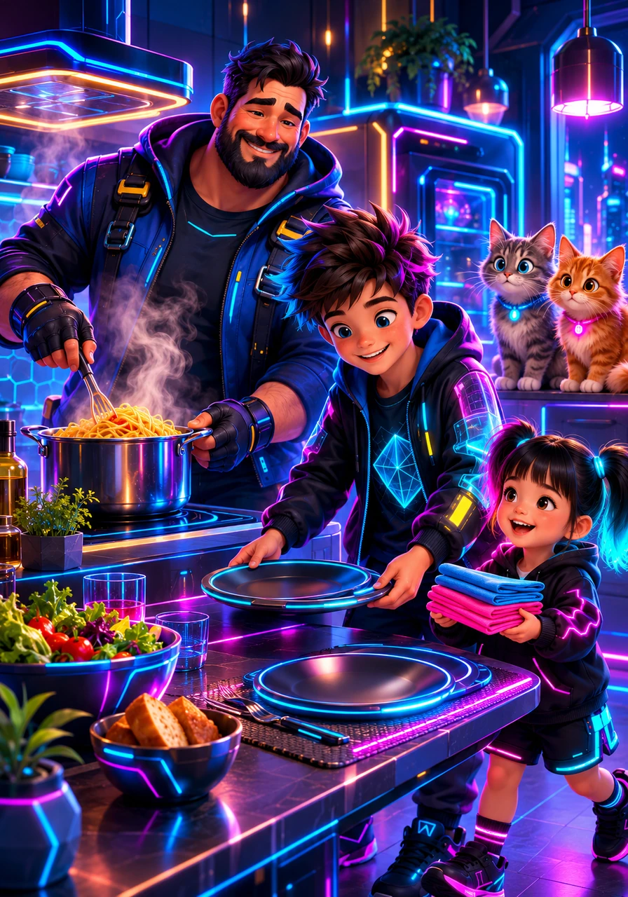 In the kitchen, the family cooks dinner together while two curious cats watch intently from the safety of the countertop. Dad stirs a steaming pot of pasta, Dylan carefully sets the plates on the table, and his little sister carries the napkins with pride.
