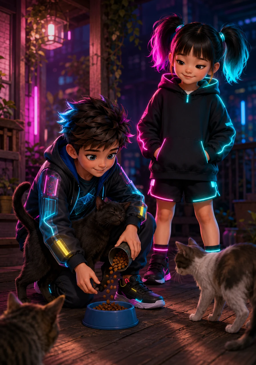 After dinner, Dylan and his sister head out to the backyard to feed the neighborhood stray cats that visit their porch. A sleek black cat rubs against Dylan's shins, purring loudly as he pours crunchy treats into a blue bowl.