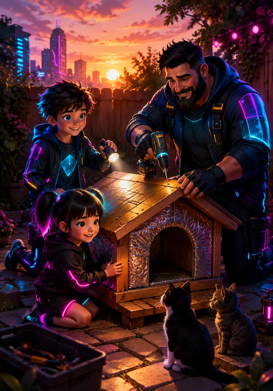 As the sun begins to set, casting a golden glow over the garden, Dad joins the children outside to build a small, insulated wooden shelter for the outdoor cats. Dylan holds the flashlight steady while Dad securely fastens the roof.