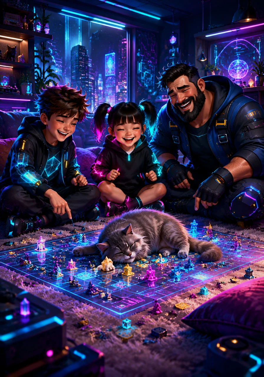 Back inside, the family gathers on the soft rug for a board game night, surrounded by a sea of colorful game pieces. A fluffy gray cat has curled up right in the middle of the board, making everyone burst into unstoppable laughter.