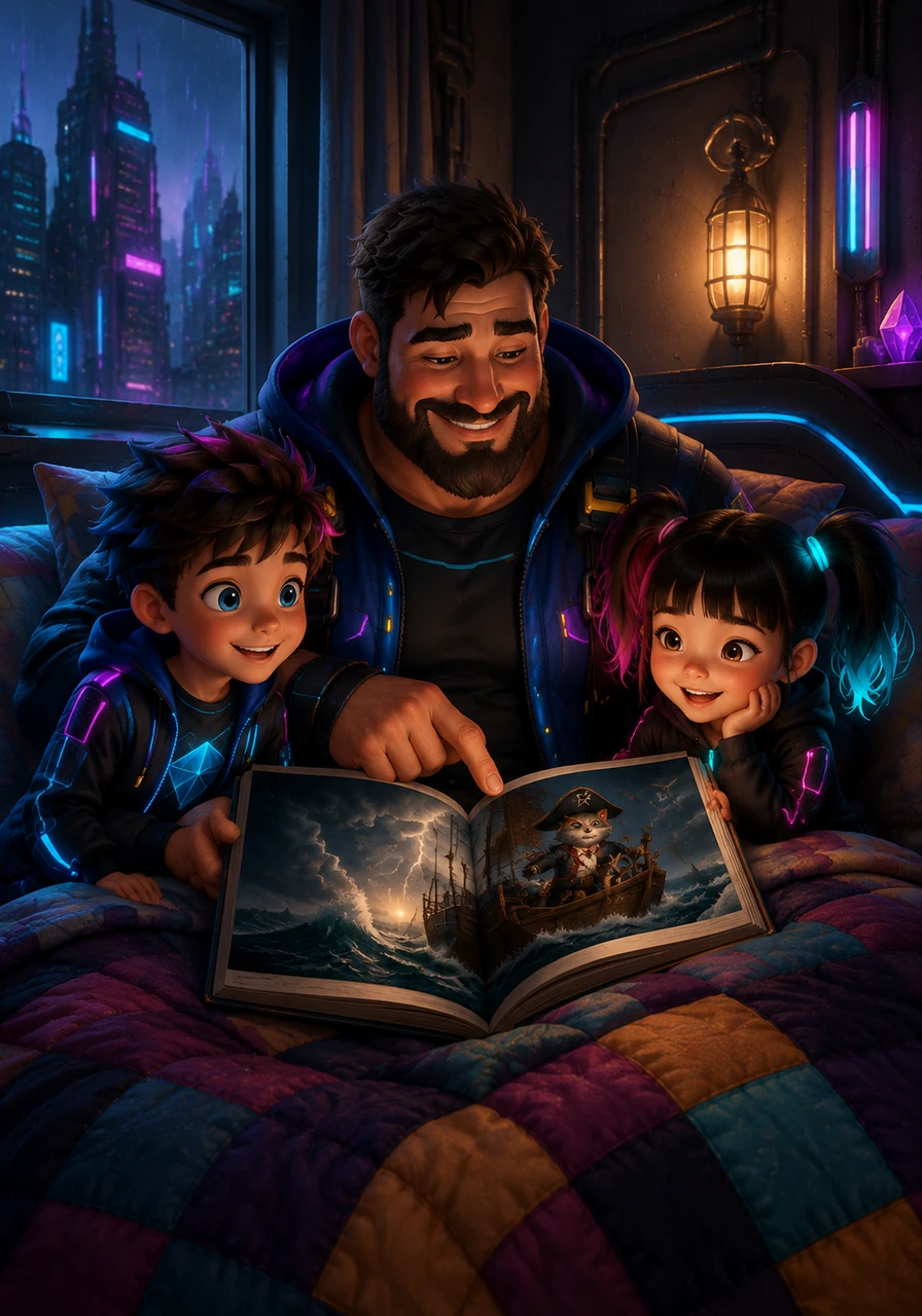 Later that evening, Dad reads a bedtime story about a brave pirate cat navigating the high seas. Dylan and his sister listen with wide, enchanted eyes, tucked snugly beneath a large, patchwork quilt.