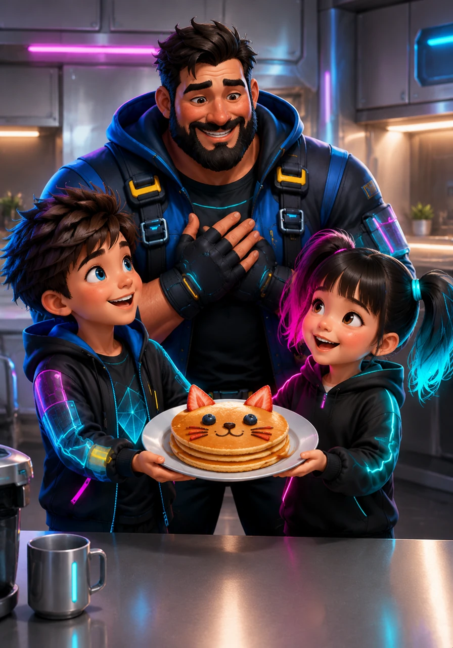 The next morning, the sibling duo surprises their dad by making breakfast with minimal mess. They proudly present a plate of slightly lopsided pancakes shaped like cat faces, complete with blueberry eyes and strawberry whiskers.