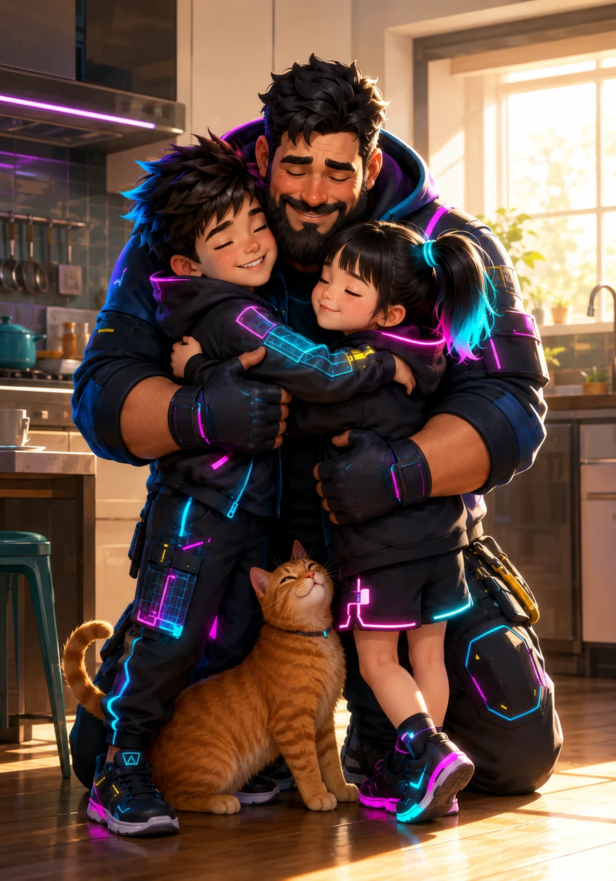 Dad hugs Dylan and his sister tightly in the sunlit kitchen, deeply moved by their sweet and thoughtful gesture. The orange tabby weaves through their legs, completing the perfect, loving family embrace.