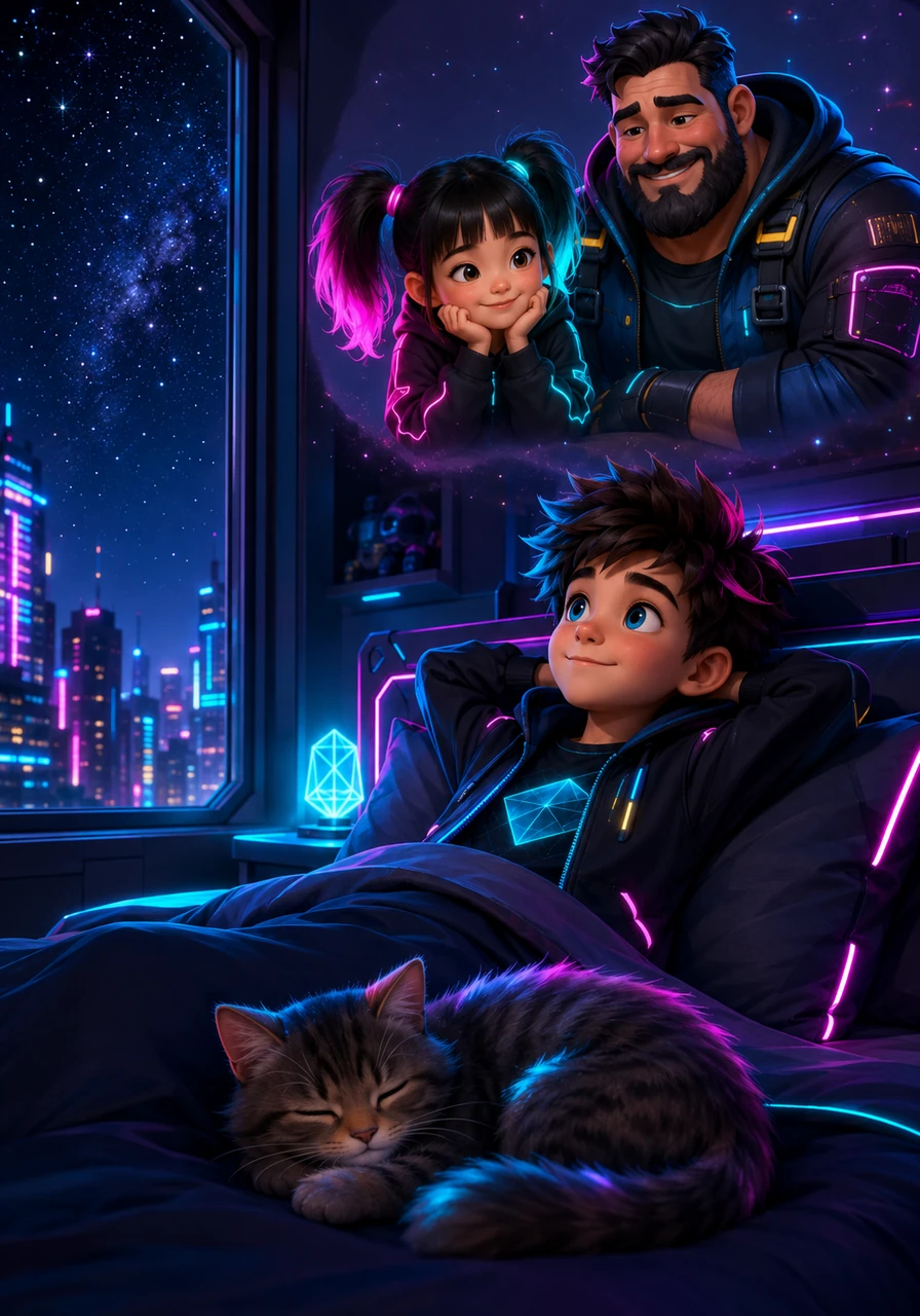 As night falls once again, Dylan lies peacefully in bed with a sleepy cat curled up at his feet, purring a gentle lullaby. He looks out at the stars through his bedroom window, feeling incredibly grateful for his wonderful sister, his amazing dad, and their beautiful life together.