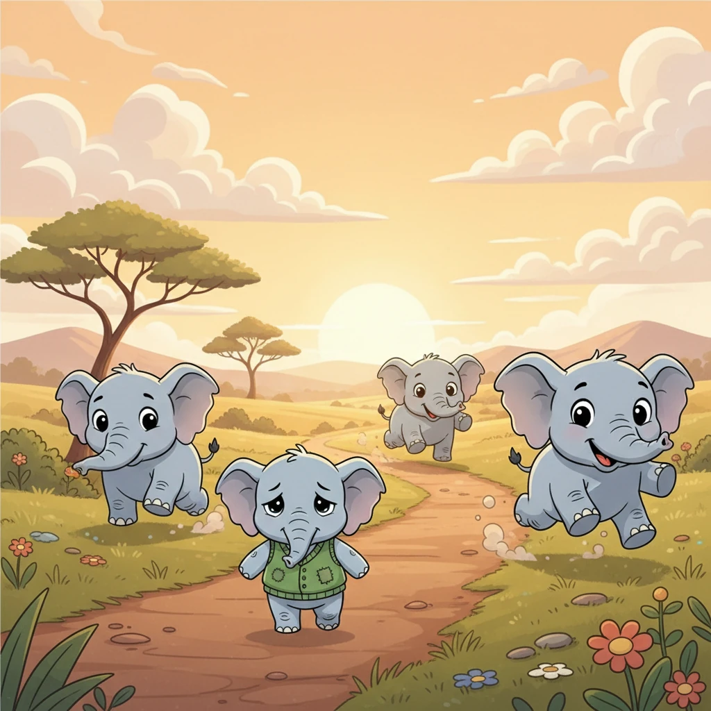 Pip was a tiny baby elephant, much smaller than his friends. He waddled behind them, his little trunk drooping slightly, feeling a bit sad and left out. The big world seemed so vast for such a small elephant.