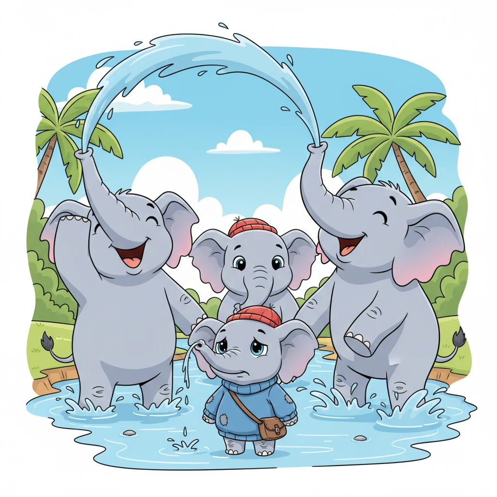 His bigger friends were having a grand time, using their strong trunks to spray water high into the air, laughing with delight. Pip tried to join in, but his little trunk only managed a tiny, sad dribble that barely reached his nose.