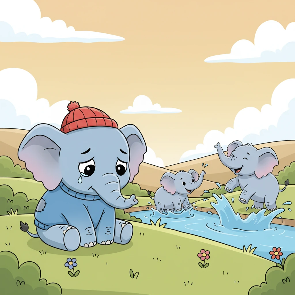 With a heavy sigh, Pip sat down by himself, watching the fun from afar. A single tear welled up in his big, expressive eyes as he wished he could be big and strong like the others. He felt so small and useless.