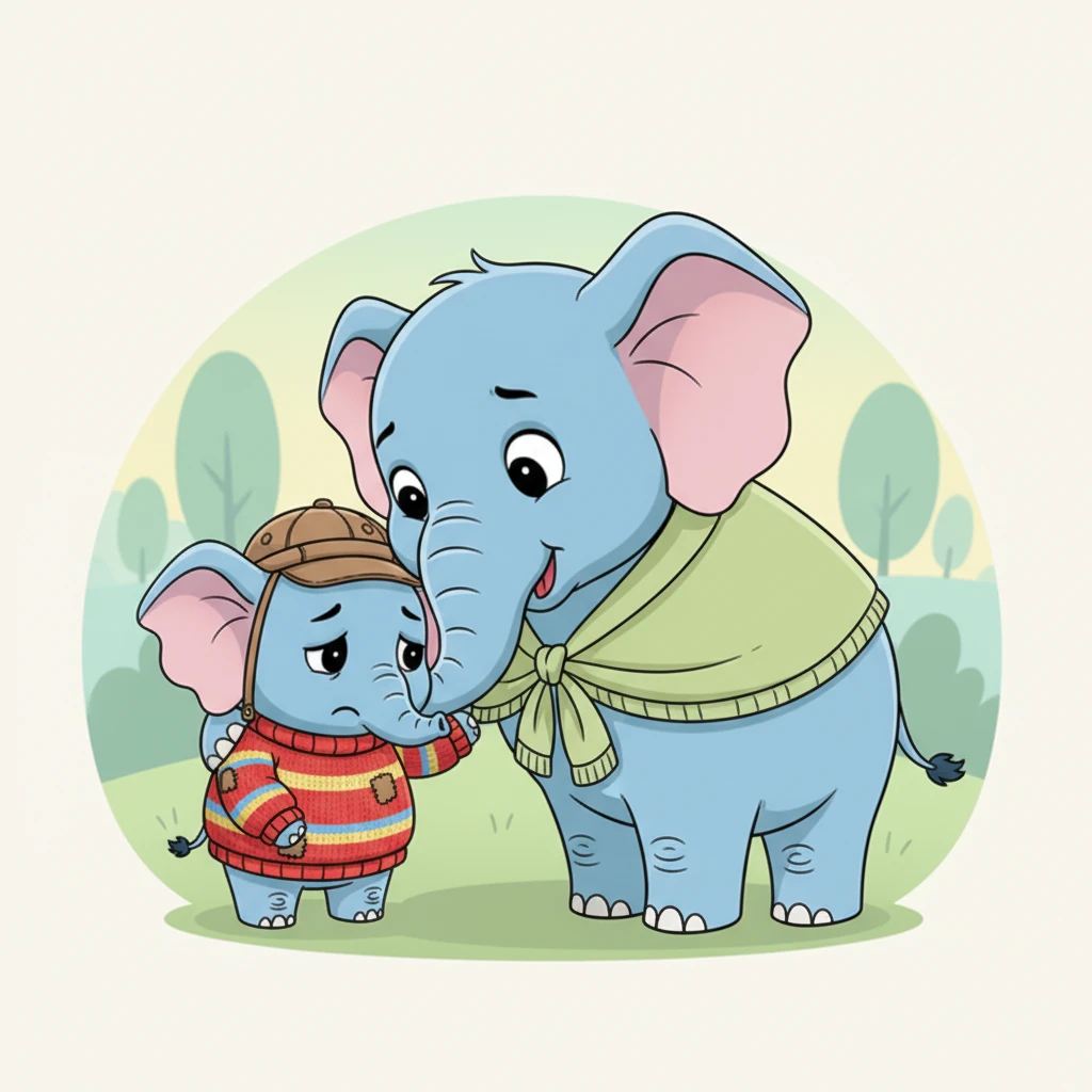 Mama Elephant, with her wise and gentle eyes, noticed Pip's glum face. She walked over with a comforting rumble and gently nudged him with her trunk, offering a warm, reassuring hug.