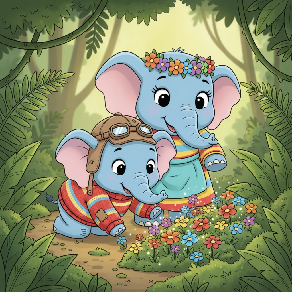 Mama Elephant softly told Pip that being small had its own special advantages. She pointed to a patch of colorful, tiny jungle flowers that only he could reach and admire up close, hidden from the bigger elephants.
