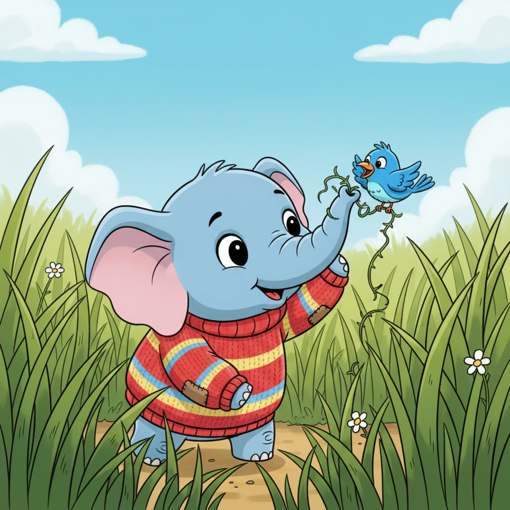 Later, Pip spotted a little bird tangled in some tall, thorny grass, chirping for help. Being small and agile, Pip was able to sneak through the dense foliage and gently untangle the bird with his trunk, setting it free.