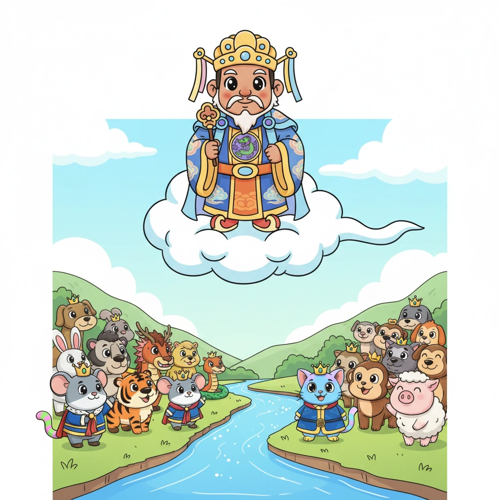 The majestic Jade Emperor, with a grand golden crown and a flowing robe, floated on a fluffy cloud high above the earth. He smiled down at a bustling crowd of diverse, eager animals gathered by a wide, sparkling river. He announced his plan to create a calendar, inviting all creatures to a race to decide the twelve special animals.