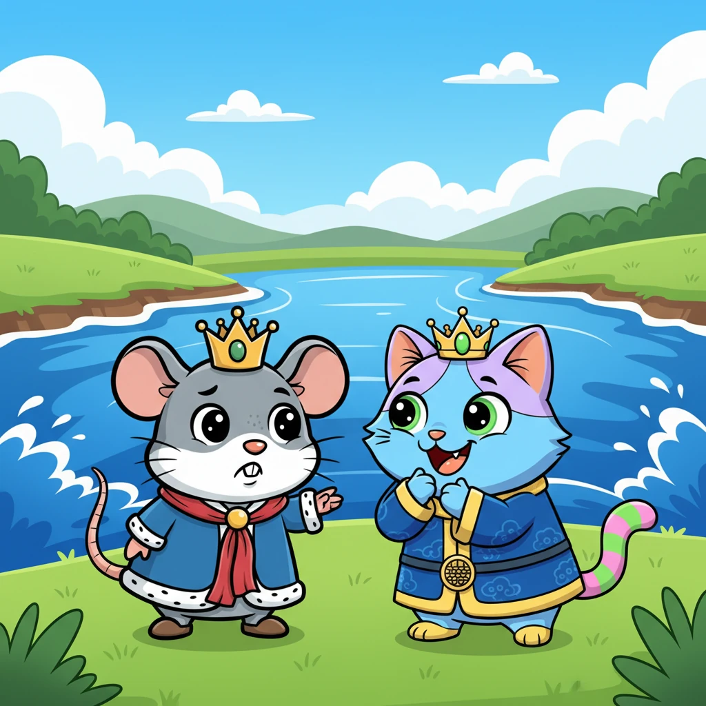 Among the excited animals, a tiny Rat with beady eyes and a sleek Cat with pointy ears stood together, best friends. Their faces fell as they gazed at the daunting, fast-flowing river, realizing neither could swim a stroke. But a sly glint appeared in their eyes as they whispered a clever plan.