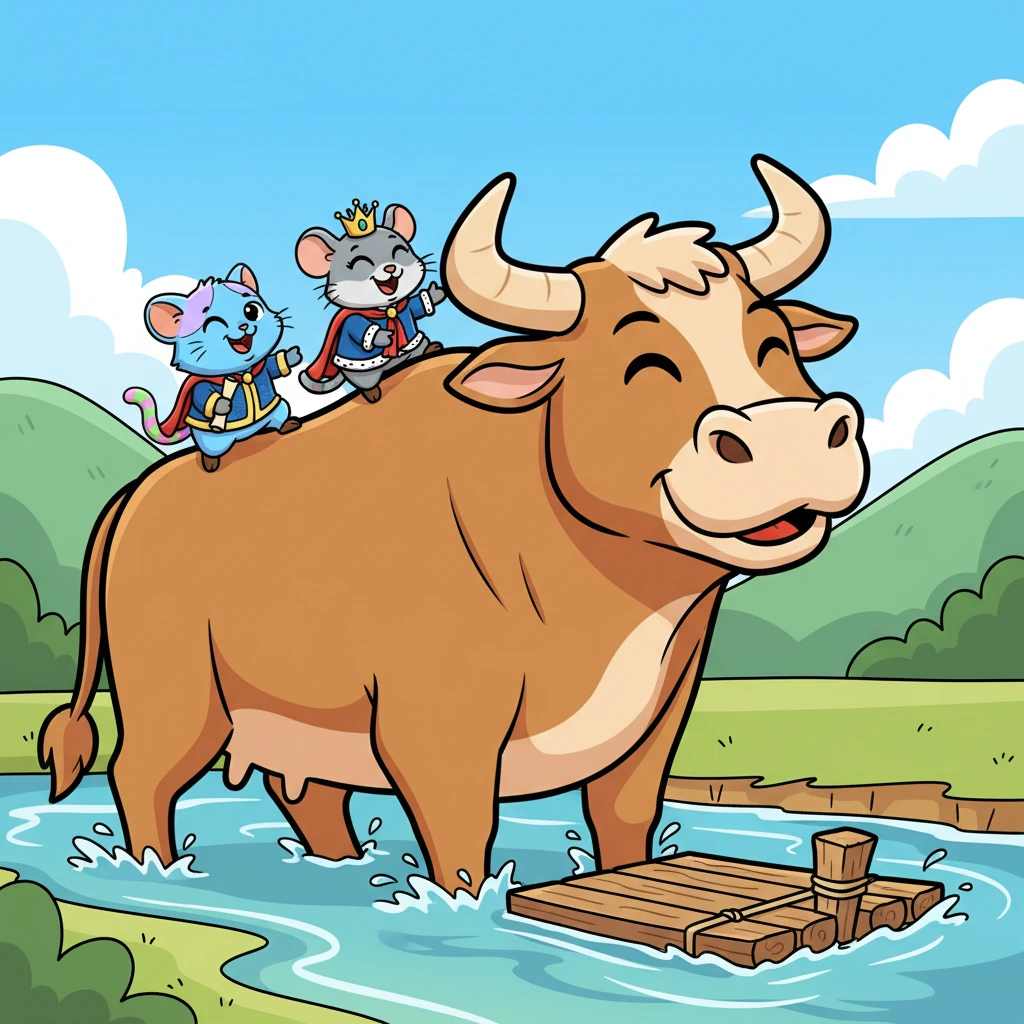 The cunning duo approached a large, gentle Ox, whose broad shoulders looked strong and dependable. With their most charming smiles, the Cat and Rat politely asked for a lift across the treacherous waters. The kind Ox, with a warm chuckle, readily agreed, and the two small friends hopped nimbly onto his massive, sturdy back.