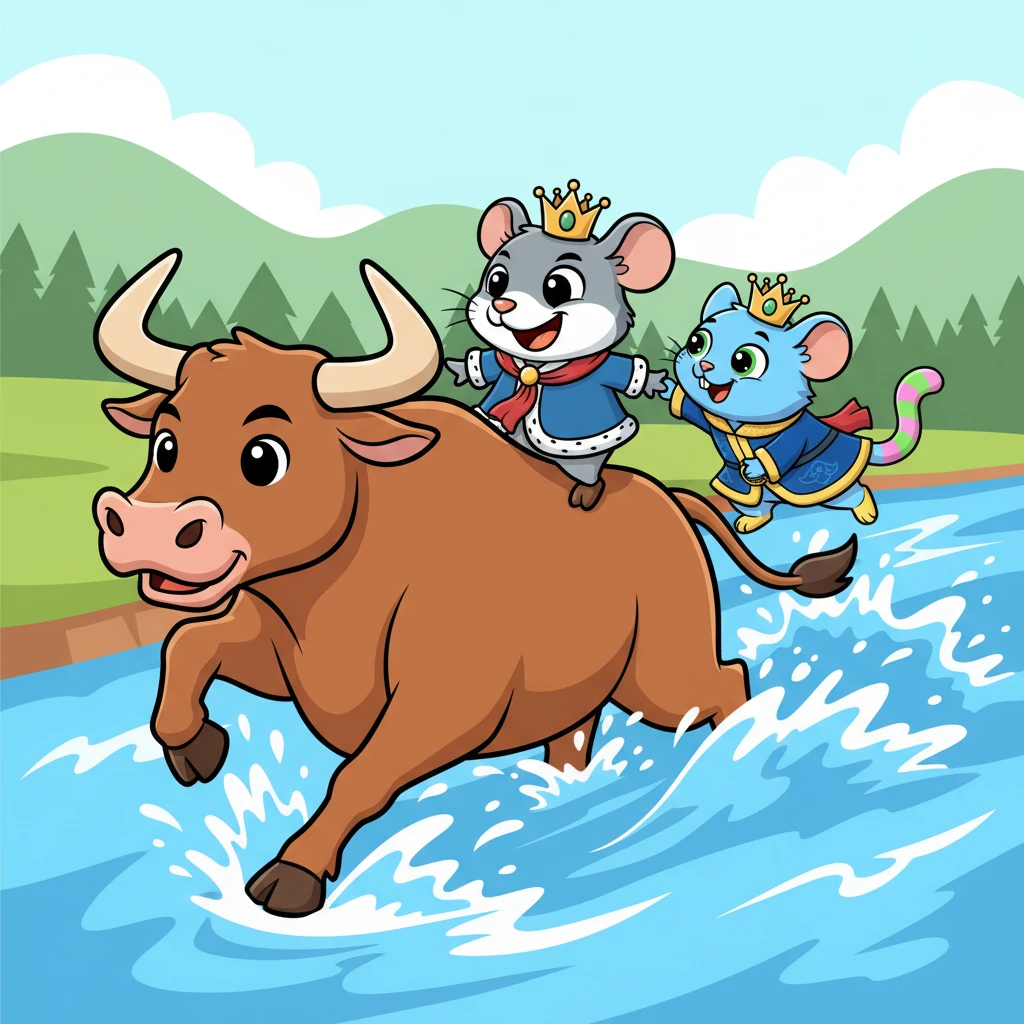 The powerful Ox bravely plunged into the deep, churning river, his strong legs propelling them steadily forward against the currents. Perched on his back, the Rat's expression twisted into a mischievous grin as he eyed his trusting friend. With a sudden, swift push, the Rat sent the surprised Cat tumbling into the frothy water, leaving the Cat to be swept away.