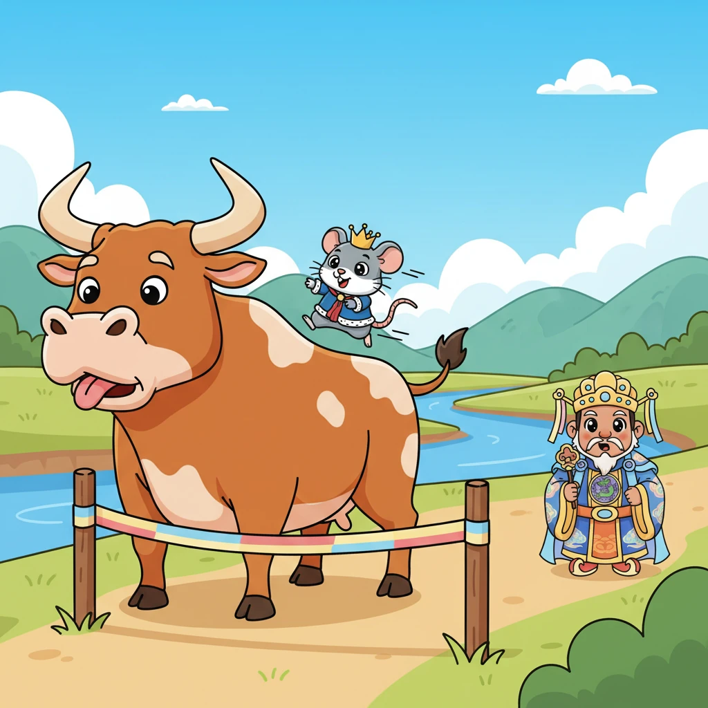 As the magnificent Ox neared the finish line on the far bank, panting slightly, the sneaky Rat made a final, lightning-fast move. Leaping from the Ox's back, the tiny creature scurried past the surprised Ox, dashing directly to the waiting Jade Emperor. The Rat proudly claimed the first spot, just barely beating his unwitting carrier.