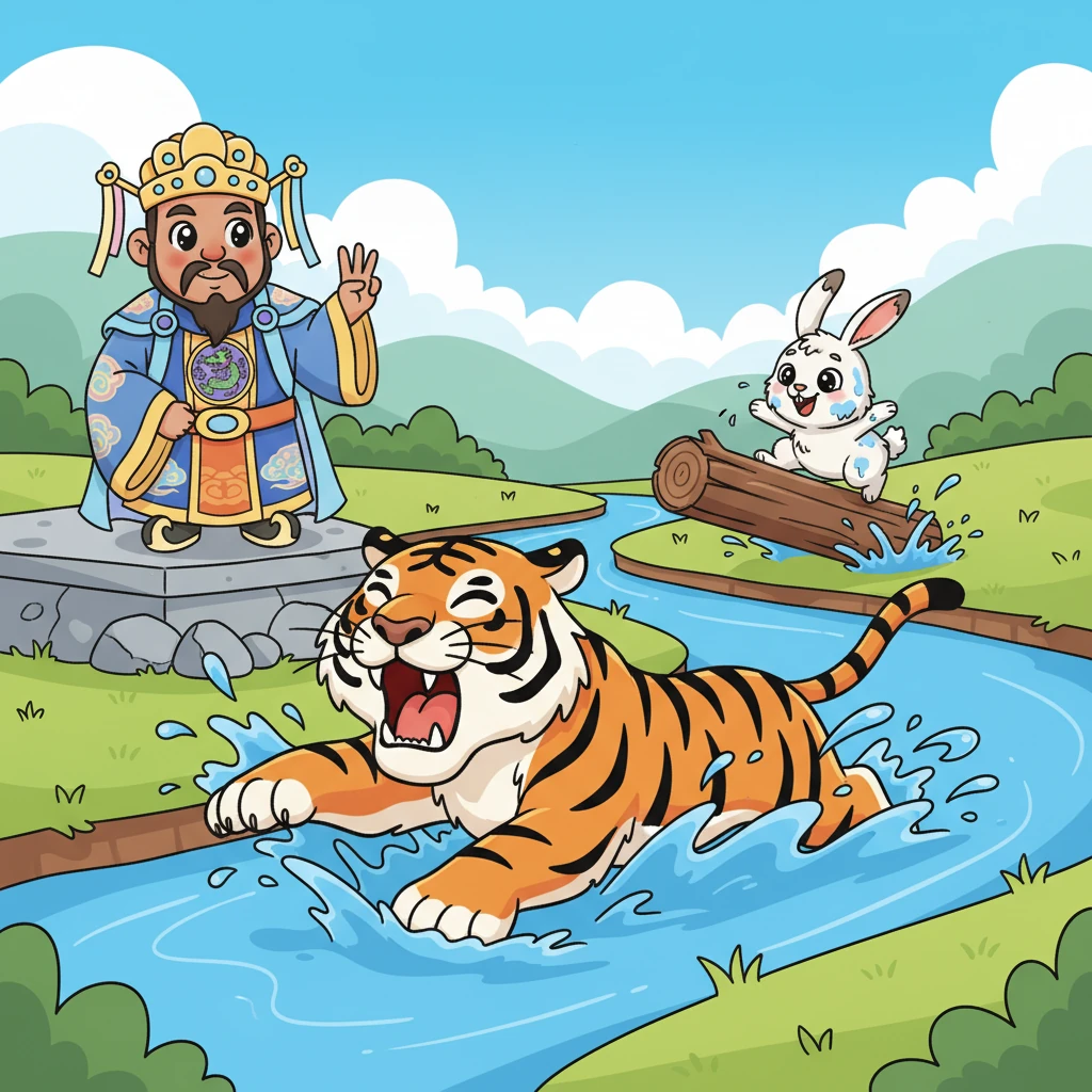 Close behind, the mighty Tiger burst from the river, shaking water from his striped fur with a powerful roar, claiming third place with his sheer strength. Soon after, a fluffy Rabbit, looking a little damp but immensely relieved, hopped triumphantly onto the bank, having miraculously floated across on a sturdy log.