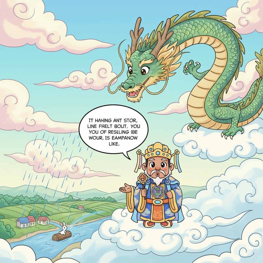 Next, the magnificent Dragon descended from the sky, his scales shimmering, landing with an elegant flourish. The Jade Emperor looked surprised that the flying creature wasn't first. The wise Dragon explained his noble detour, recounting how he stopped to bring life-giving rain to parched farms and then gently nudged the Rabbit's log to safety.